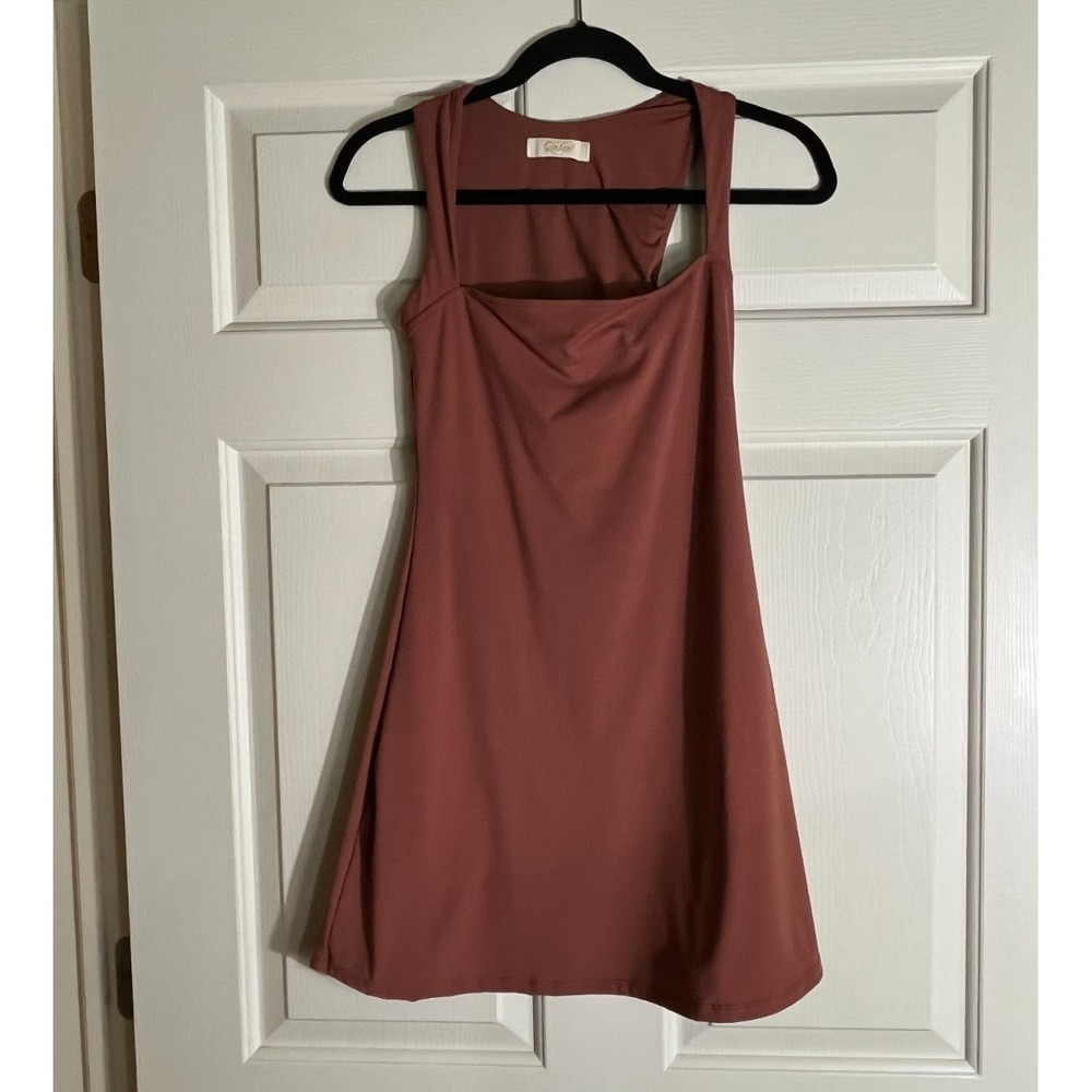 QINSEN Square Neck Brown Mini Dress Women's Size 4 Sleeveless Stretch Activewear - Picture 3 of 14